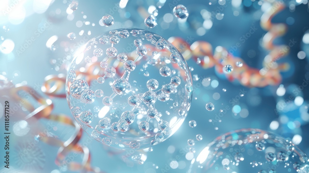 3D rendered liquid bubble containing a molecule, in a cosmetic essence, with a DNA water splash background. Captivating and vibrant 3D rendered liquid bubble containing a molecule, in a cosmetic essence, with a DNA water splash background. Captivating and vibrant