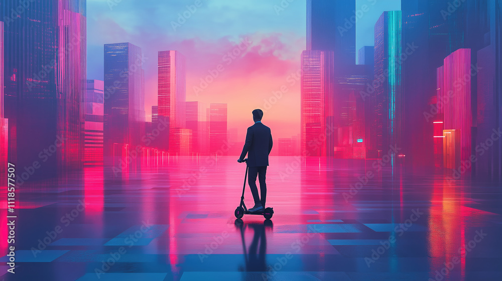 Faceless businessman riding electric scooter in a city. Generative AI., Generative AI Faceless businessman riding electric scooter in a city. Generative AI., Generative AI