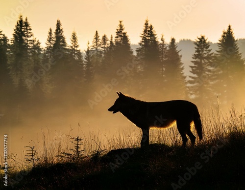 majestic wolf silhouette blended with lush forest scenery creates a stunning visual representation of nature and wildlife photo