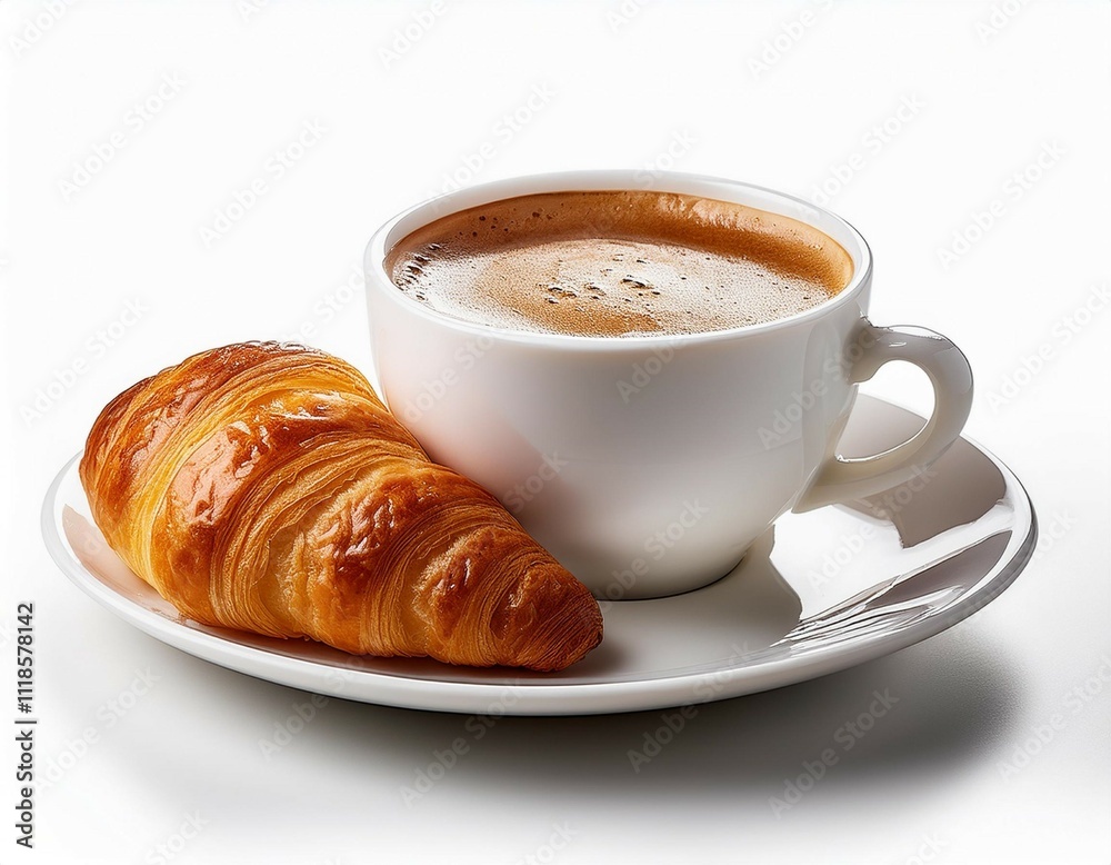 a cup of coffee with croissant on white plate isolated on white background a cup of coffee with croissant on white plate isolated on white background