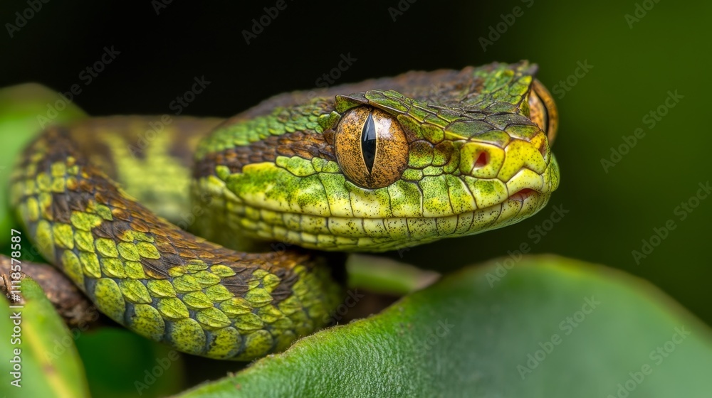 A close-up of a vibrant green and brown snake resting on a leaf. A close-up of a vibrant green and brown snake resting on a leaf.