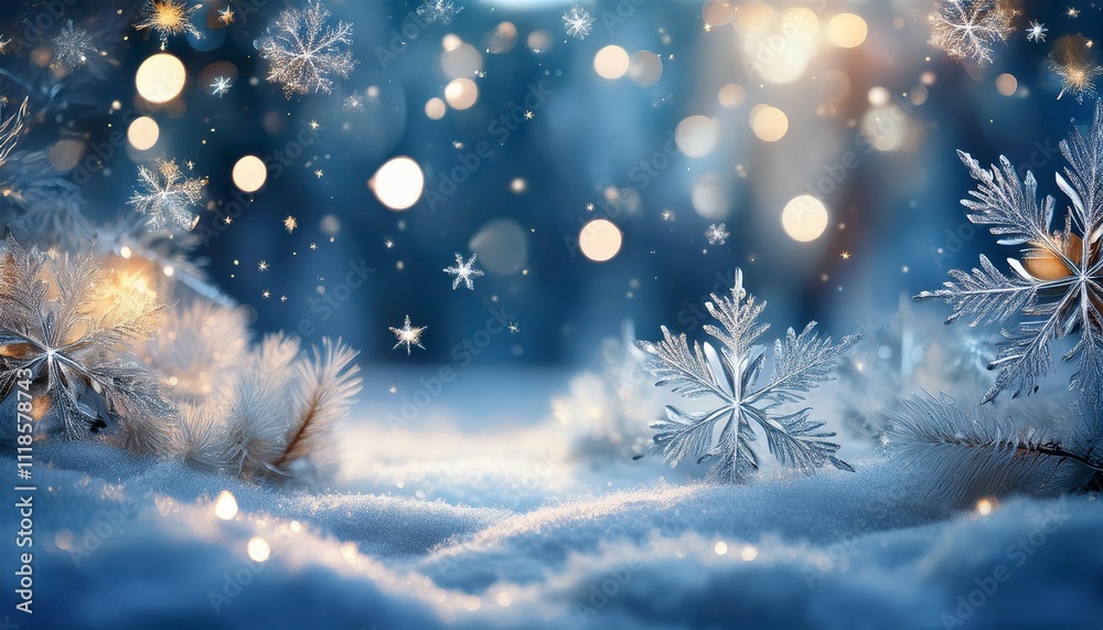 mesmerizing frosty winter wonderland background featuring shimmering snowflakes glittering ice crystals and twinkling holiday lights creating a magical cozy