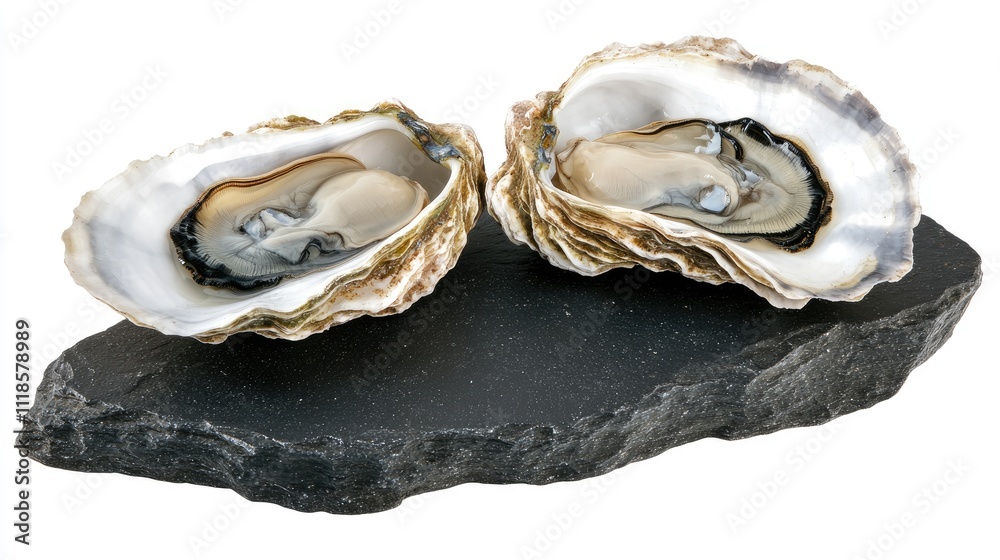 Naklejka premium Open oyster shells with glistening meat floating above a luxurious black stone.