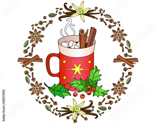 A cup of hot drink with cinnamon and marshmallows decorated with holly in a spice frame - vector color illustration. Mug with cocoa or coffee with spices and holly leaves and berries	