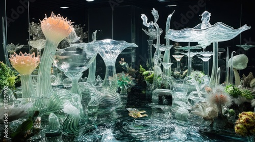 Subaquatic Glass Garden: A mesmerizing underwater world crafted from glass, featuring delicate flora and fauna in a serene, ethereal setting. photo