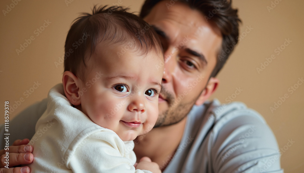 Father and baby sharing a tender moment, smiling at each other in a cozy indoor setting. Father and baby sharing a tender moment, smiling at each other in a cozy indoor setting.