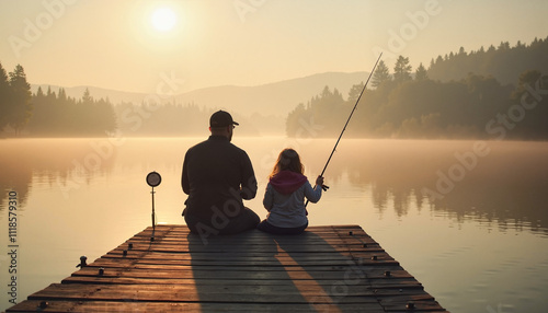 Father and daughter fishing peacefully together on a dock at sunrise, enjoying nature's serenity.