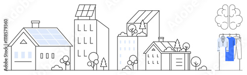 Residential and commercial buildings with solar panels, trees, and an automated clothing system. Ideal for smart cities, sustainability, renewable energy, urban planning, eco-friendly living