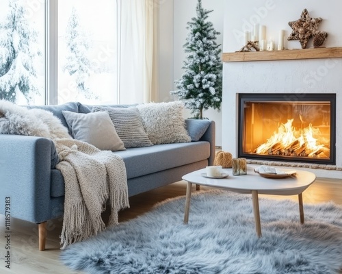Cozy winter living room with a warm fireplace and seasonal decorations
