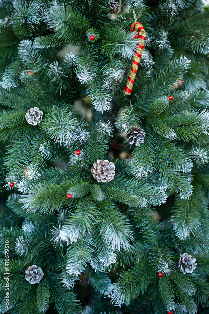 Merry x-mas,Close up of Colorful balls ,gifts box and Christmas greeting picture parcel,bell decoration on Green Christmas tree background Decoration During Christmas and New Year.
