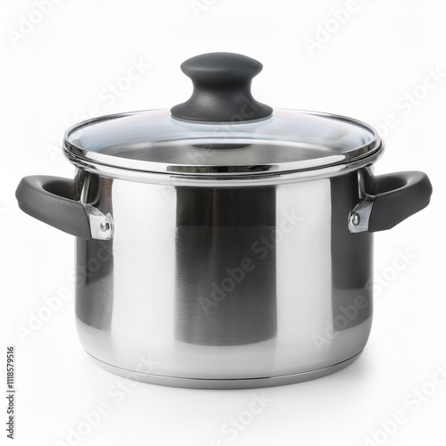 Stainless cooking pot isolated on white backdrop. Metal saucepan with glass lid. Soup kitchenware. photo