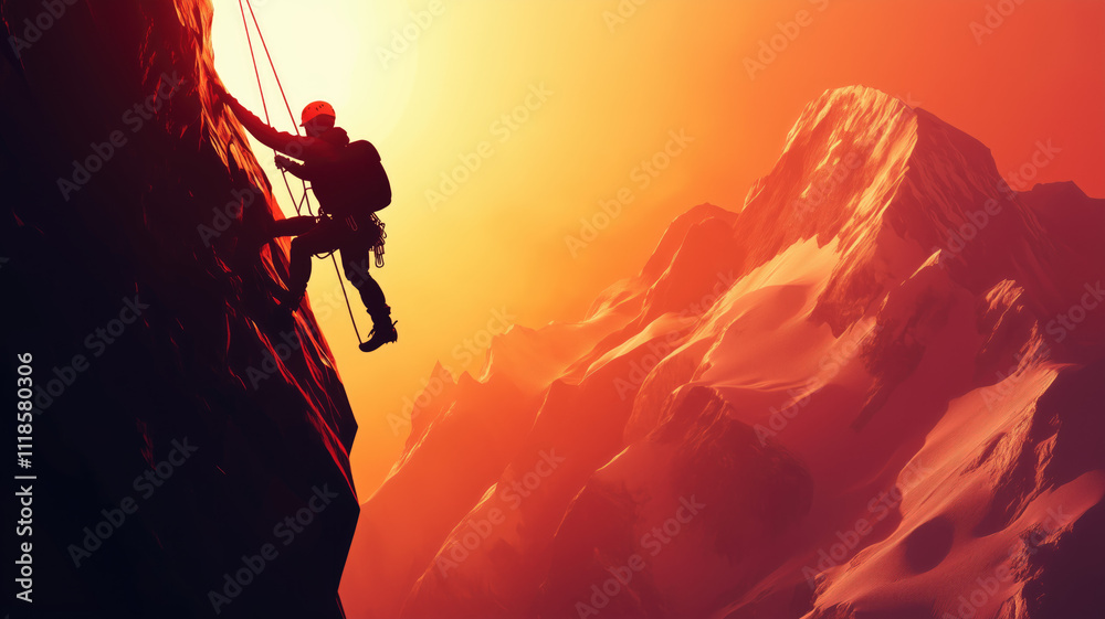 Generative AI illustration of side view of active climber in protective helmet hanging on mountain holding on to rope in warm light of sunset Generative AI illustration of side view of active climber in protective helmet hanging on mountain holding on to rope in warm light of sunset