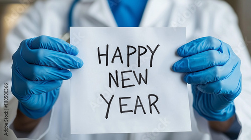 Young doctor wearing uniform and stethoscope, wishing Happy New Year. Generative AI