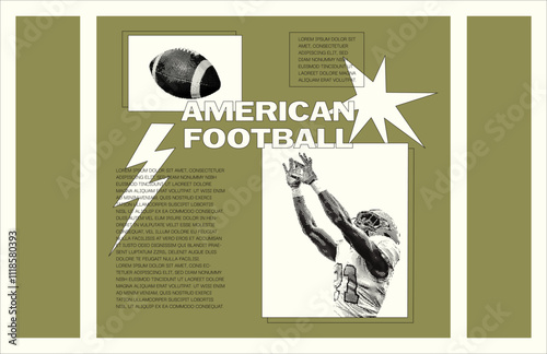 Minimalistic American football banner with a player and ball. Halftone effects, bitmap texture. Perfect for sports promotions, events.