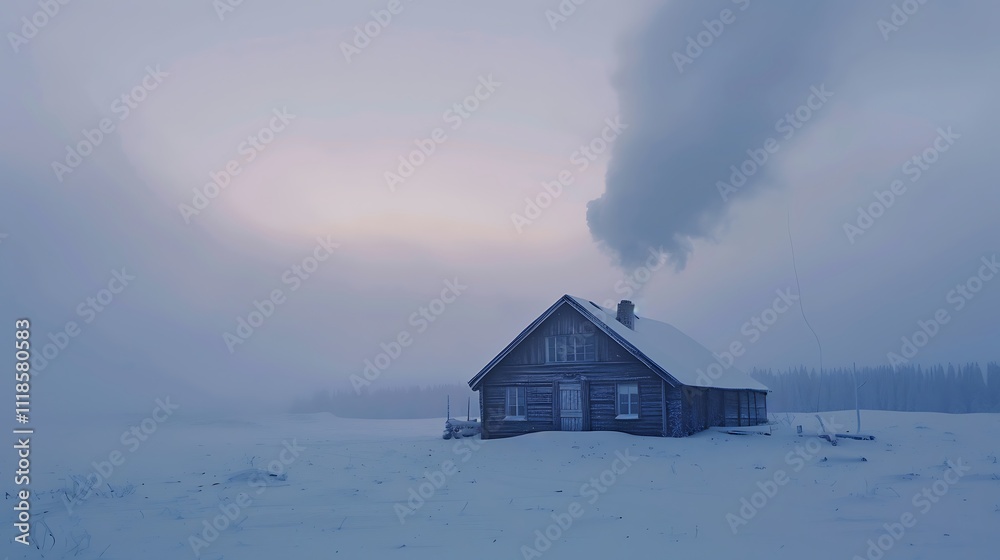 A winter cabin covered in snow with smoke rising from the chimney.