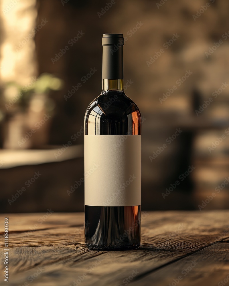 Elegant wine bottle stands on rustic wooden table in dimly lit room featuring stone walls and blurred background Elegant wine bottle stands on rustic wooden table in dimly lit room featuring stone walls and blurred background