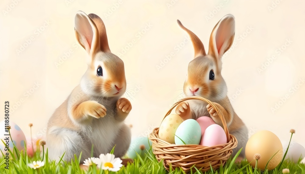 Easter banner featuring a bunny with a basket of pastel eggs, set against a soft pastel-colored backdrop. This charming design captures the essence of the season, perfect for celebrating Easter Easter banner featuring a bunny with a basket of pastel eggs, set against a soft pastel-colored backdrop. This charming design captures the essence of the season, perfect for celebrating Easter