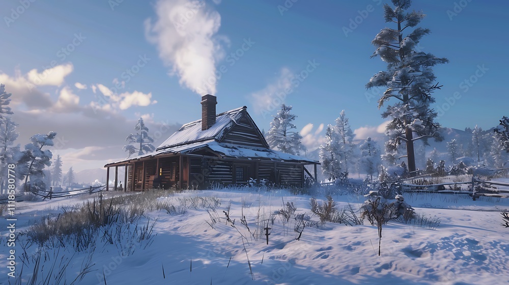 A winter cabin covered in snow with smoke rising from the chimney. A winter cabin covered in snow with smoke rising from the chimney.