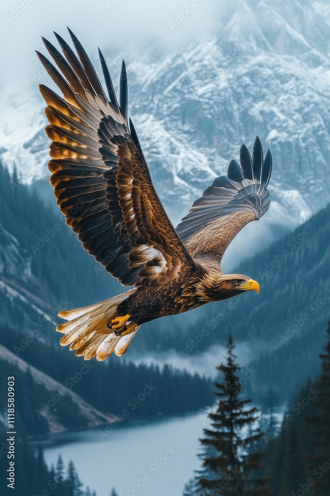 Majestic eagle soars above a serene lake and snow-capped mountains under a cloudy sky during early morning light Majestic eagle soars above a serene lake and snow-capped mountains under a cloudy sky during early morning light