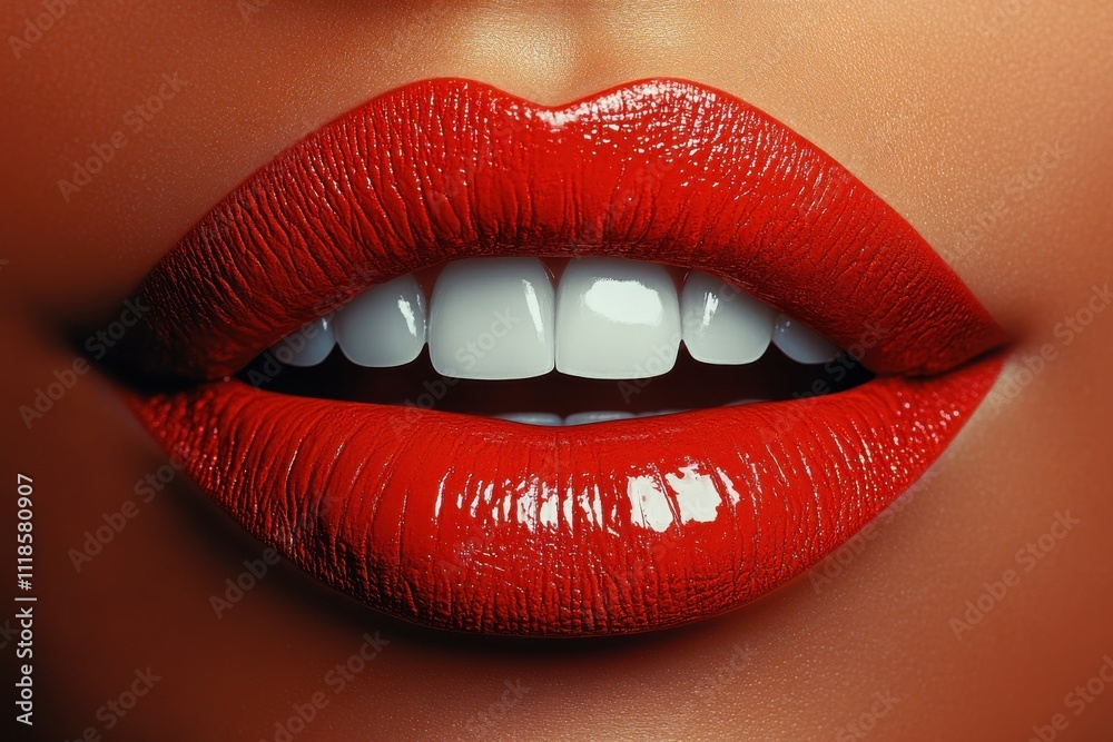 Fototapeta premium Bright red lips showcase perfect white teeth in a close-up shot, highlighting beauty and glamour within a minimalist background
