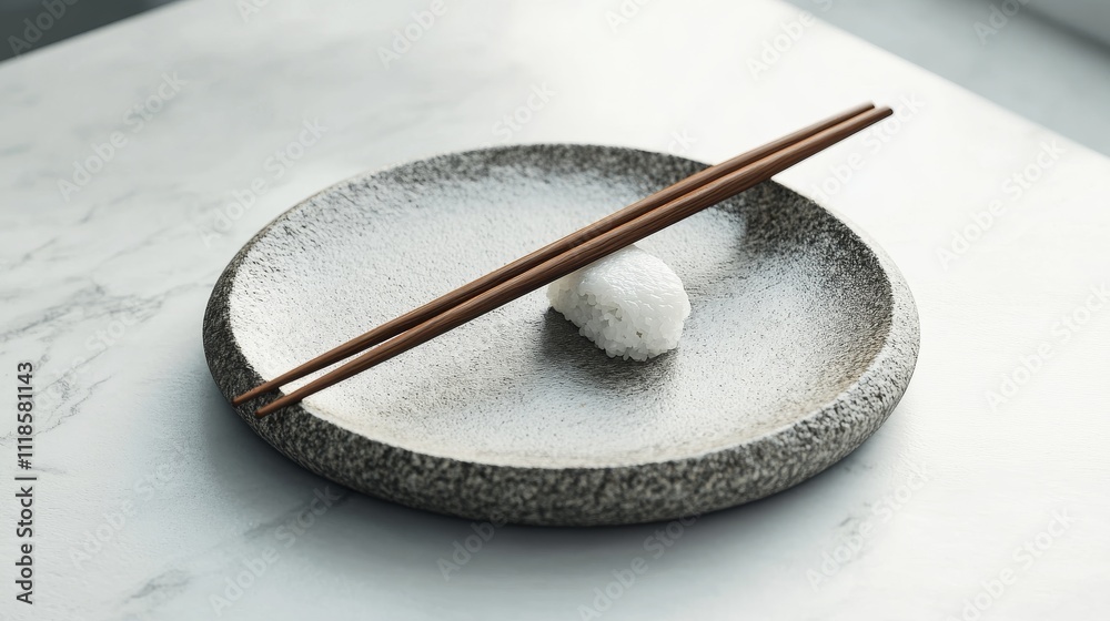 Stone plate and chopsticks for sushi. A minimal Japanese food concept. Stone plate and chopsticks for sushi. A minimal Japanese food concept.