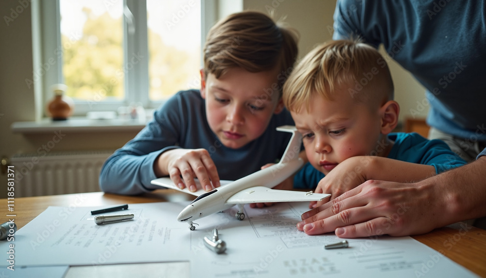 Brothers Building Model Airplane Together at Home Brothers Building Model Airplane Together at Home