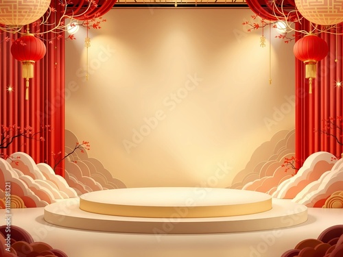 Chinese New Year Mockup Stage with Circular Podium, Red & Gold Decor, and Volumetric Lighting photo