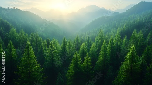 dense coniferous forest shrouded in mist, with the morning sun casting a golden glow through the fog