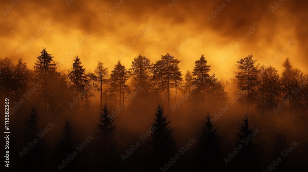 A misty forest silhouette bathed in warm orange hues at dusk. A misty forest silhouette bathed in warm orange hues at dusk.
