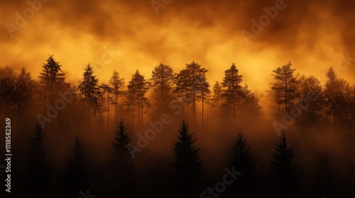A misty forest silhouette bathed in warm orange hues at dusk.