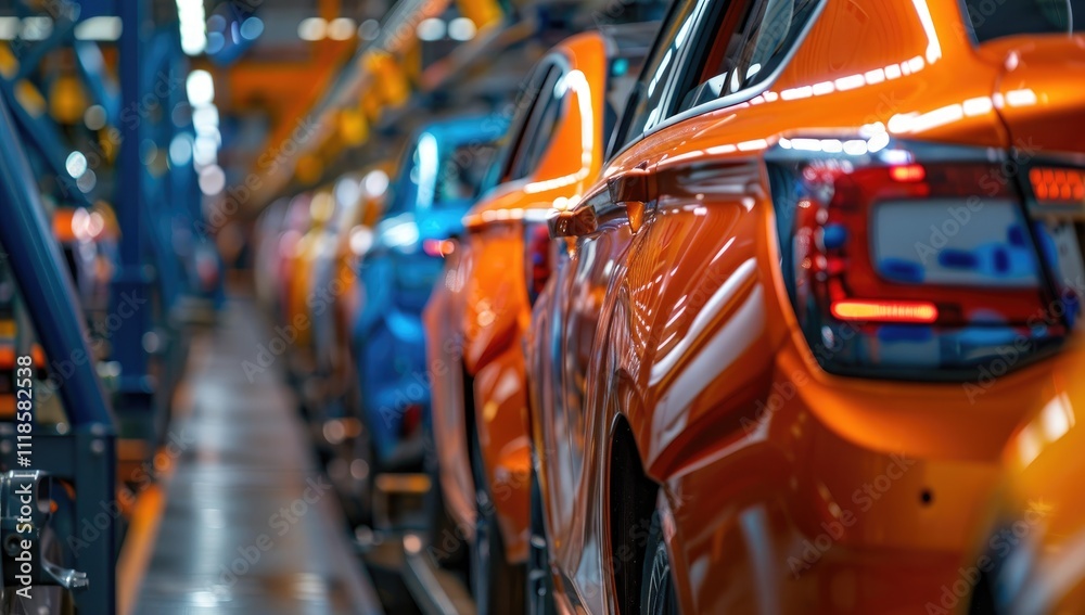 Obraz premium Photo of automobile production line. Modern car assembly plant. Modern and high-tech automotive industry