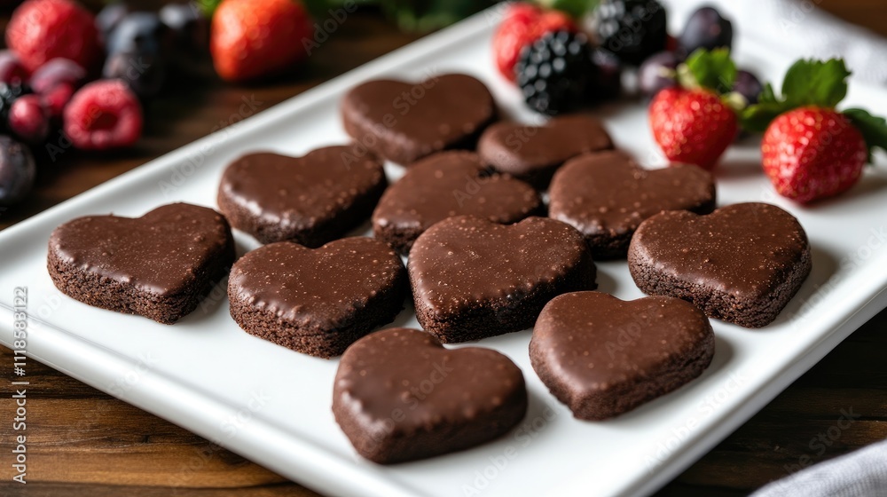 Chocolate Heart-Shaped Cookies on a White Plate Surrounded by Berries Chocolate Heart-Shaped Cookies on a White Plate Surrounded by Berries