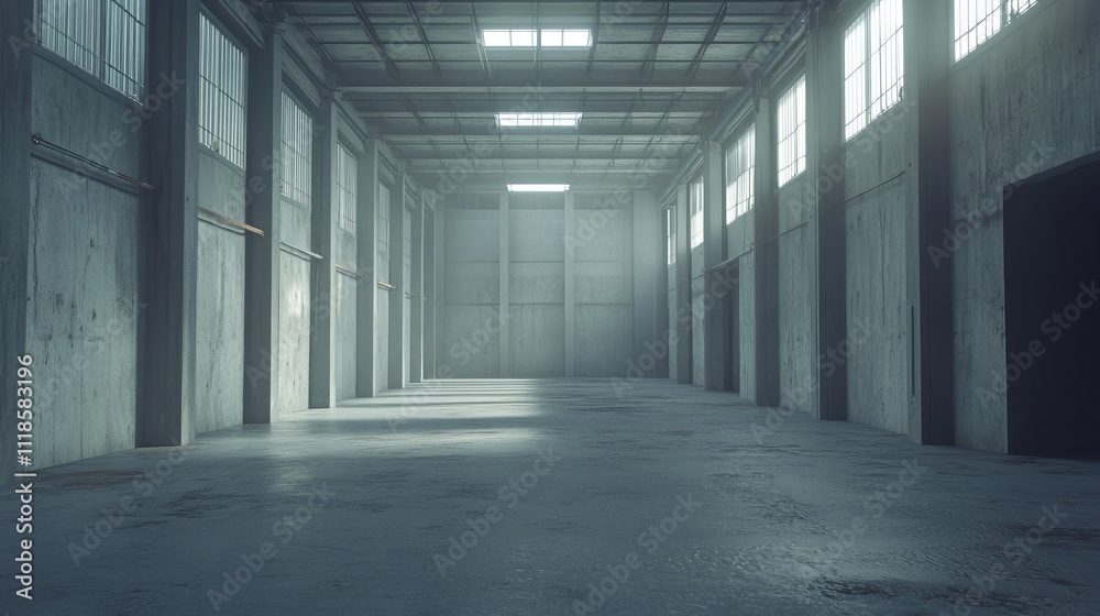 Obraz premium 3D rendering of an empty warehouse, suitable for storage or industrial development mockups.