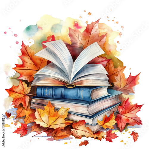 A book is open on top of a pile of leaves