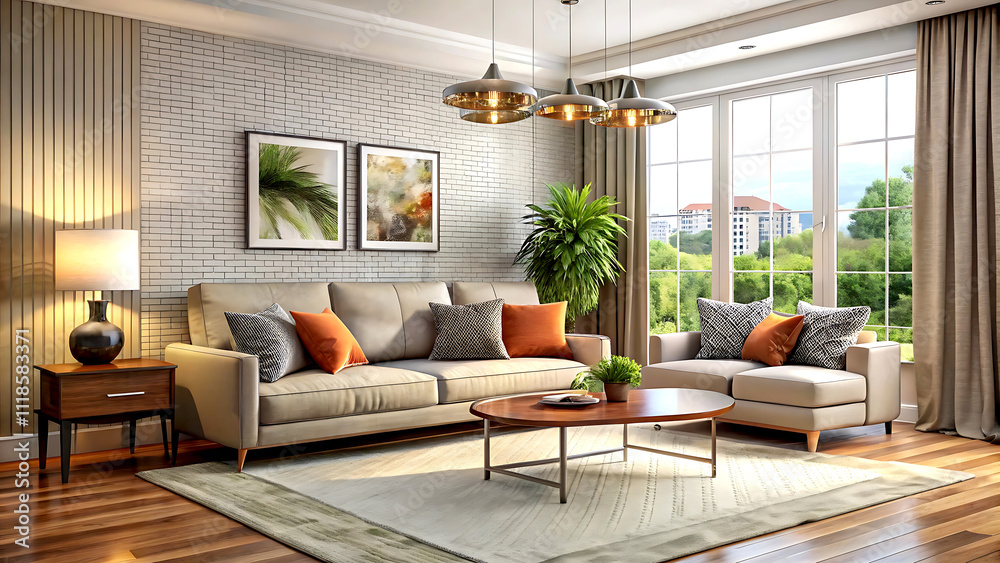 Fototapeta premium Interior design of modern scandinavian apartment, living room 3d rendering