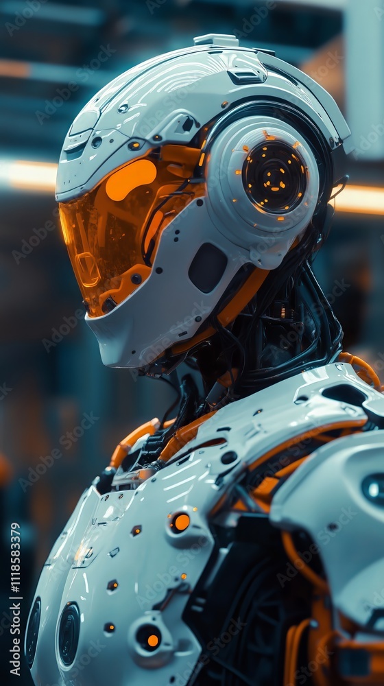 Cybernetic Sentinel: Close-up of a futuristic robot, sleek white and orange armor, glowing amber visor. High-tech, detailed rendering. Cybernetic Sentinel: Close-up of a futuristic robot, sleek white and orange armor, glowing amber visor. High-tech, detailed rendering.