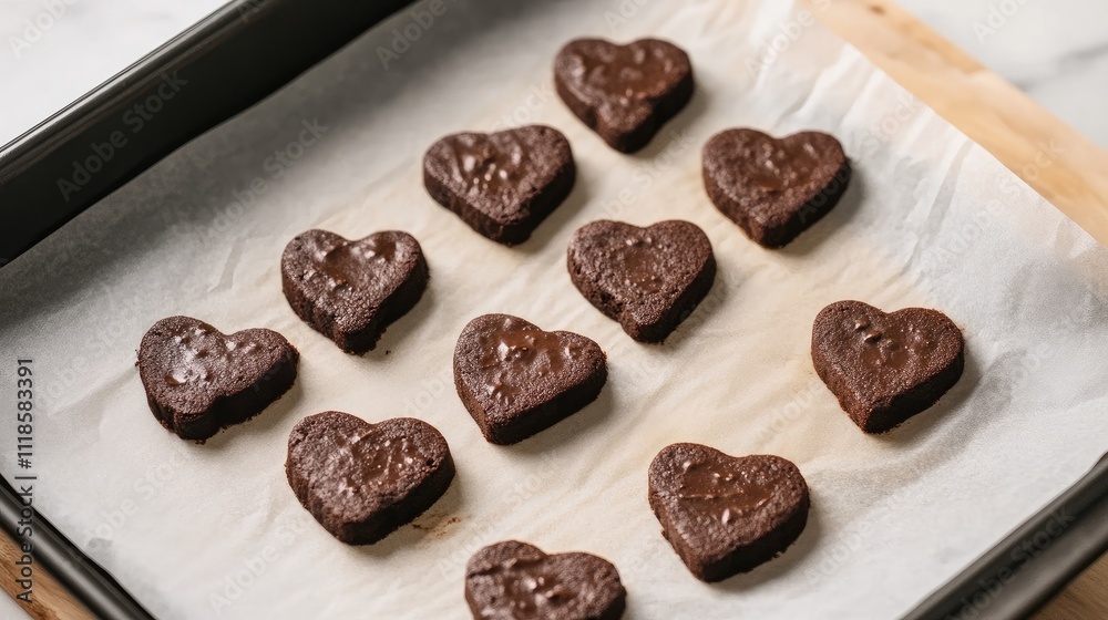 Freshly Baked Heart-Shaped Brownies on Baking Tray with Paper