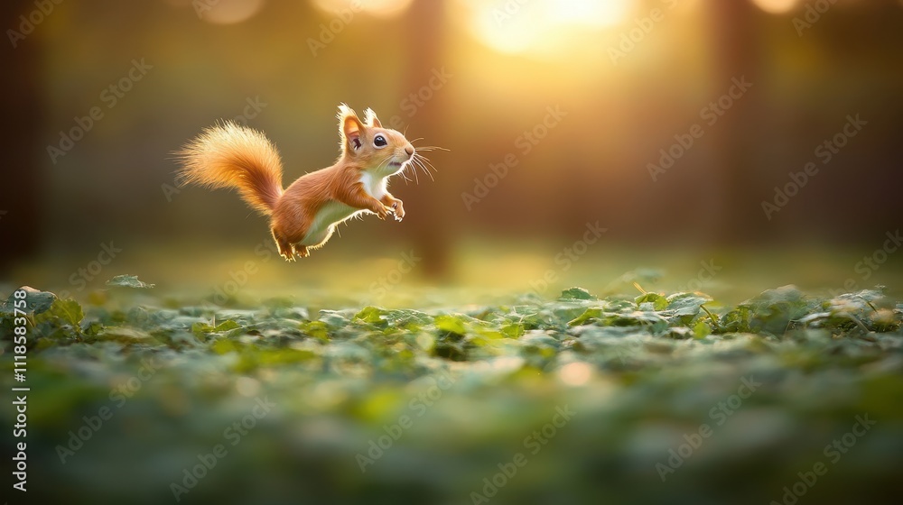 Adorable red squirrel leaping gracefully in a sunlit forest clearing. Adorable red squirrel leaping gracefully in a sunlit forest clearing.