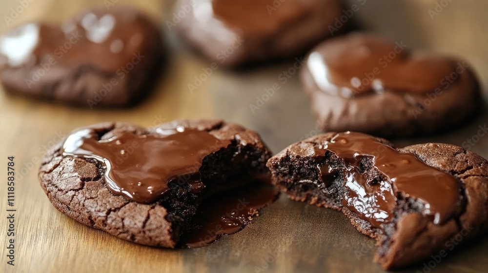 Delicious Heart-Shaped Chocolate Cookies Freshly Baked on Wood Delicious Heart-Shaped Chocolate Cookies Freshly Baked on Wood