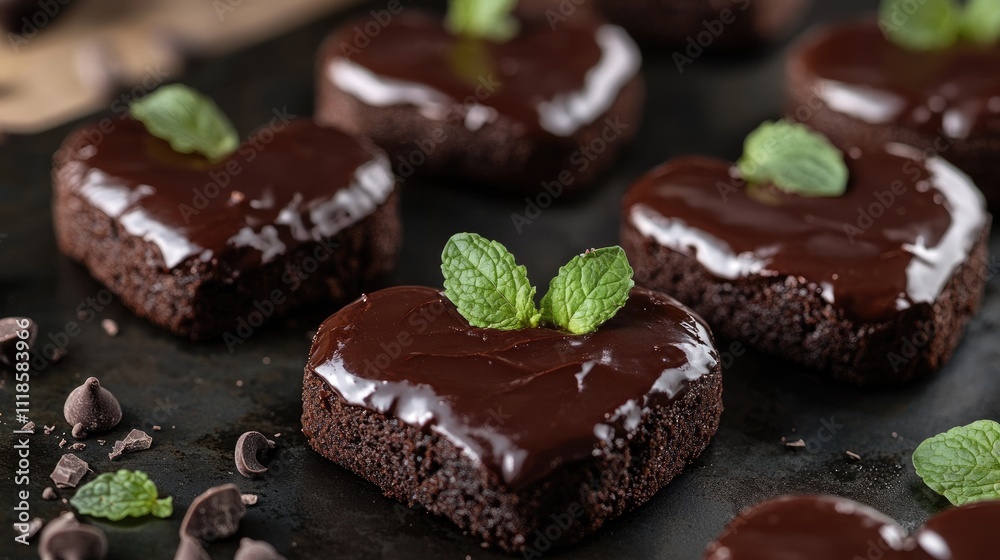 Heart-Shaped Chocolate Dessert with Mint Garnish on Dark Surface Heart-Shaped Chocolate Dessert with Mint Garnish on Dark Surface