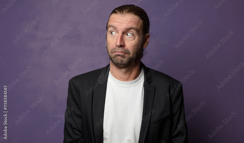 Fototapeta premium wondering, thinking happy thoughts and ideas, daydreaming, looking to copy space on side