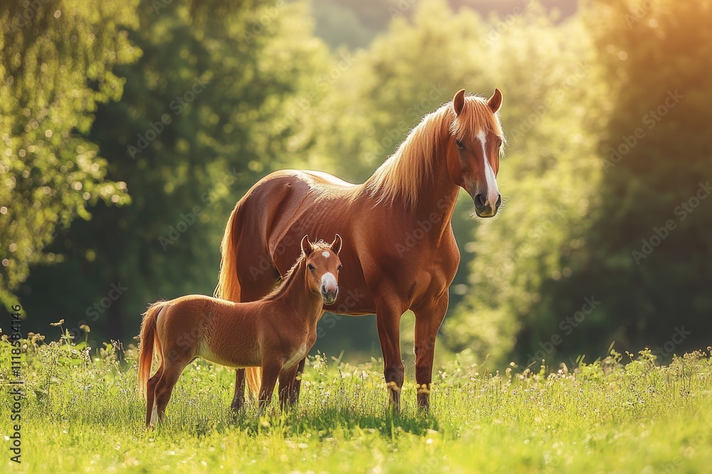 Fototapeta premium Graceful Mare with Foal Summer Pastoral Scene