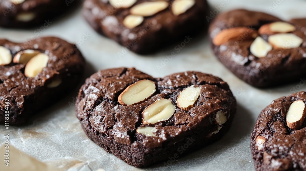 Heart-Shaped Chocolate Cookies with Almonds on a Baking Sheet Heart-Shaped Chocolate Cookies with Almonds on a Baking Sheet