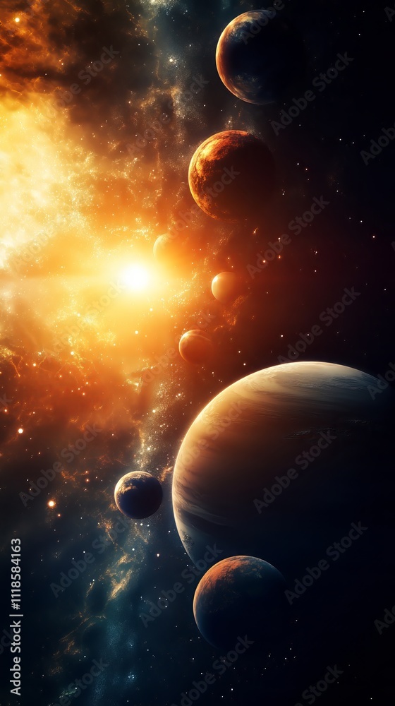 Naklejka premium Cosmic Symphony: An awe-inspiring celestial spectacle unfolds in the vast expanse of space, featuring a fiery star and a majestic array of planets orbiting within a swirling nebula.