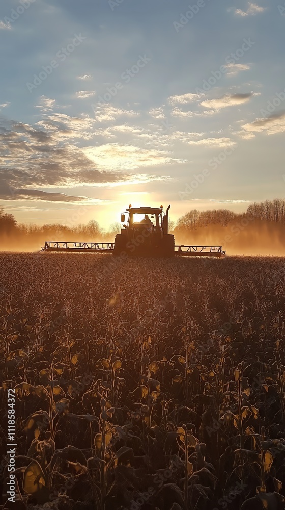 Obraz premium Golden Hour Harvest: Tractor silhouetted against a breathtaking sunset, working a field at harvest time. A powerful image of agriculture and the beauty of nature's cycle.