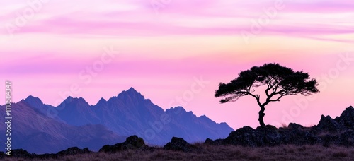 夕焼けの空を背景に立つ孤独な木と山々の美しい風景 photo