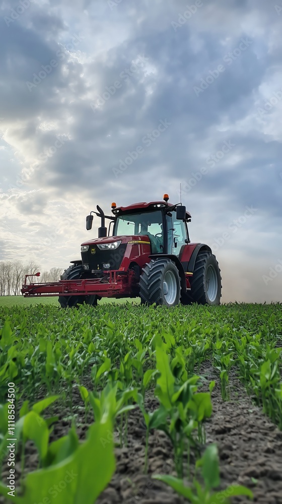 Naklejka premium Red Tractor in Green Field: A powerful red tractor plows through a field of young green crops, a symbol of hard work, dedication, and the cycle of growth in agriculture.