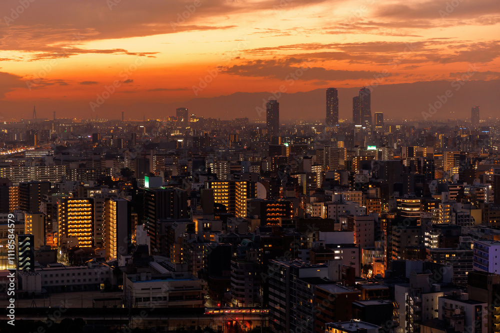 Obraz premium Osaka Urban Cityscape Captured at Sunset,