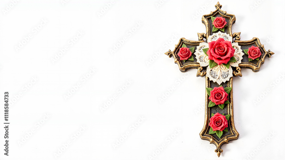 Ornate decorative cross with red roses and lace on white background Ornate decorative cross with red roses and lace on white background