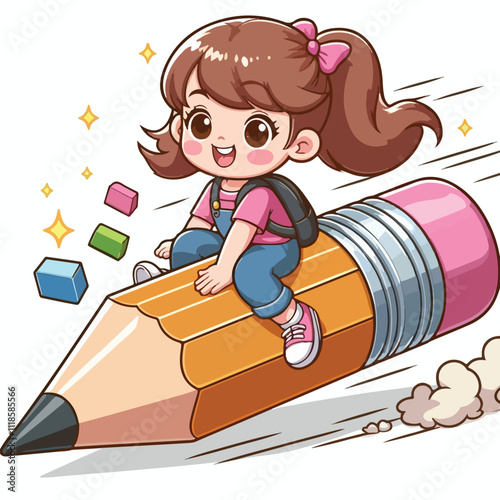 a girl is riding on a pencil vector